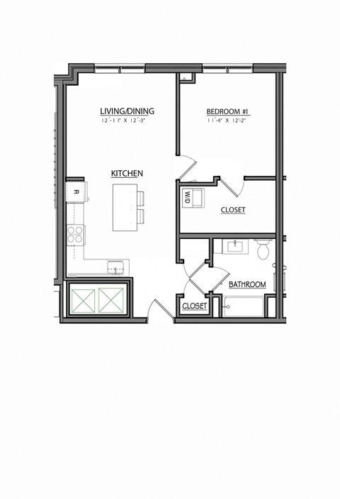 Floor plan for 1 bed, 1 bath, 669 sqft